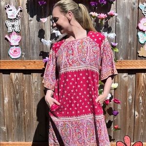 1970s A-line Cotton Dress, LOUNGEES Floral Festival Resort Dress Hippie Dress